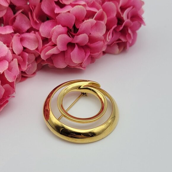 Monet Jewelry - Vintage Signed MONET Gold Tone  Brooch Double Circle Open Work 39 mm Modernist